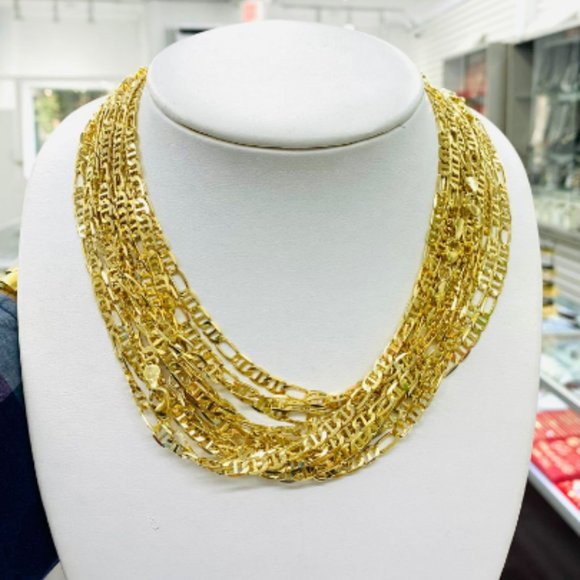 14K Gold F Figaro Mariners Chain Necklace for Mens Womens 24" 4.4mm Cadenas Oro - Picture 5 of 7